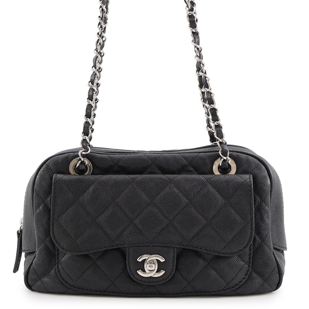 Chanel Chain Shoulder Bag, Matelassé, Coco Mark, Caviar Leather, Black, Matel...